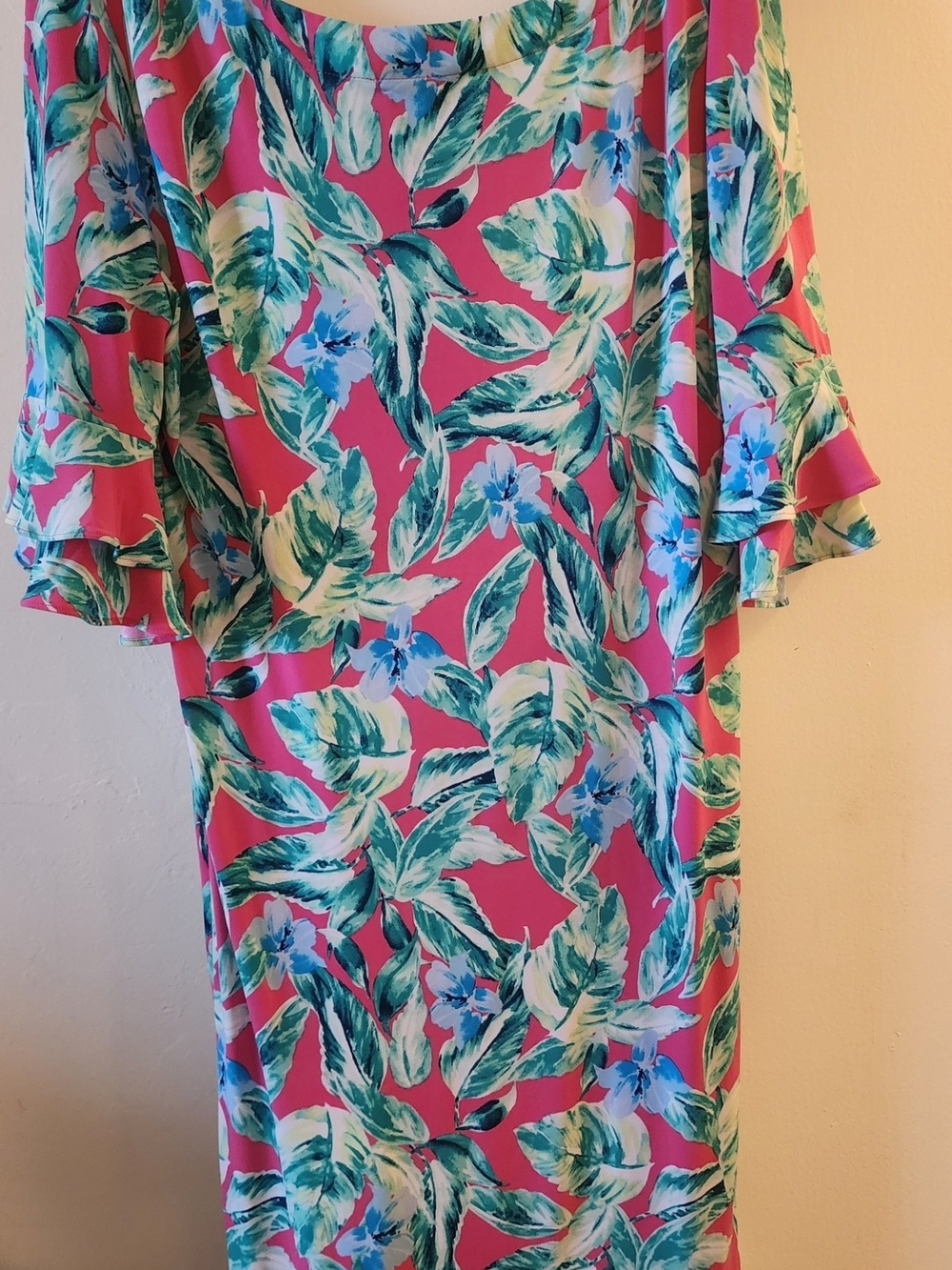 Pappagallo Hot Pink Midi Dress with Teal Leaves & Sky Blue Flowers